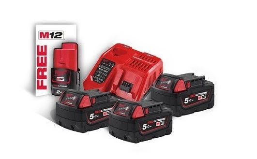 Енергокомплект акумуляторний Li-Ion MILWAUKEE, M18 NRG-503 (+заряд.пристрій, 3 акум. M18 В5(5Аг), 1 акум. M12 B2(2Аг) 4933451423 фото