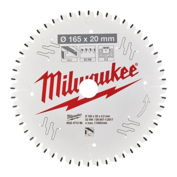 Диск пиляльний по алюмінію MILWAUKEE Alu PFTE, 165х20х2,2мм, 52 зуб. 4932471296 фото