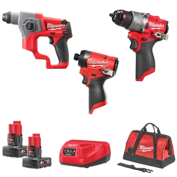 Набор инструментов аккумуляторных MILWAUKEE, M12FPP3D-601B (дрель-шурповерт с ударом M12 FPD2, вертолет M12 FID2, перфоратор SD 4933498578 фото